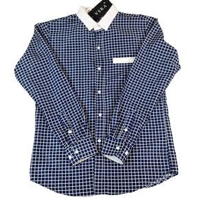 VSKA Mens Navy Blue White Grid Long Sleeve Button Down Shirt Contrast Collar XXL